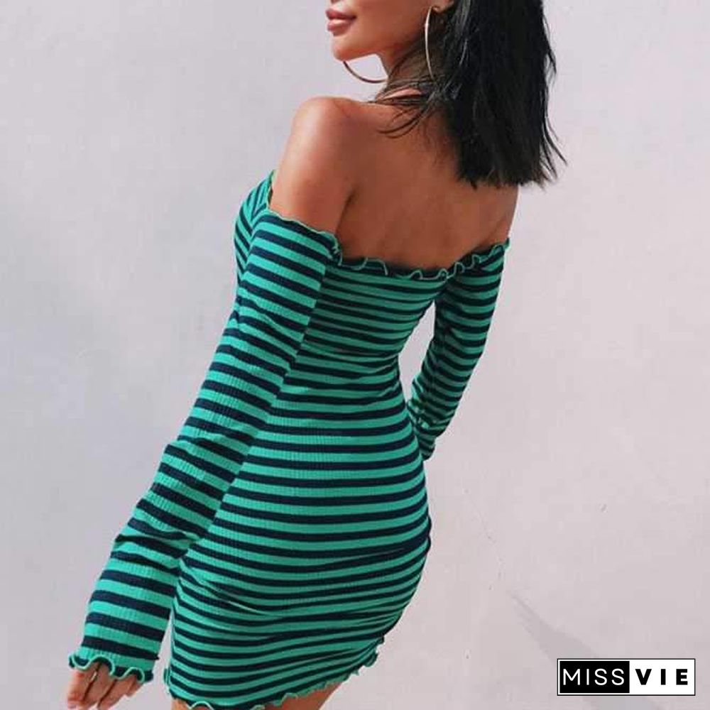 Stripe Ruffles Off Shoulder Bodycon Long Sleeve Tight Dress