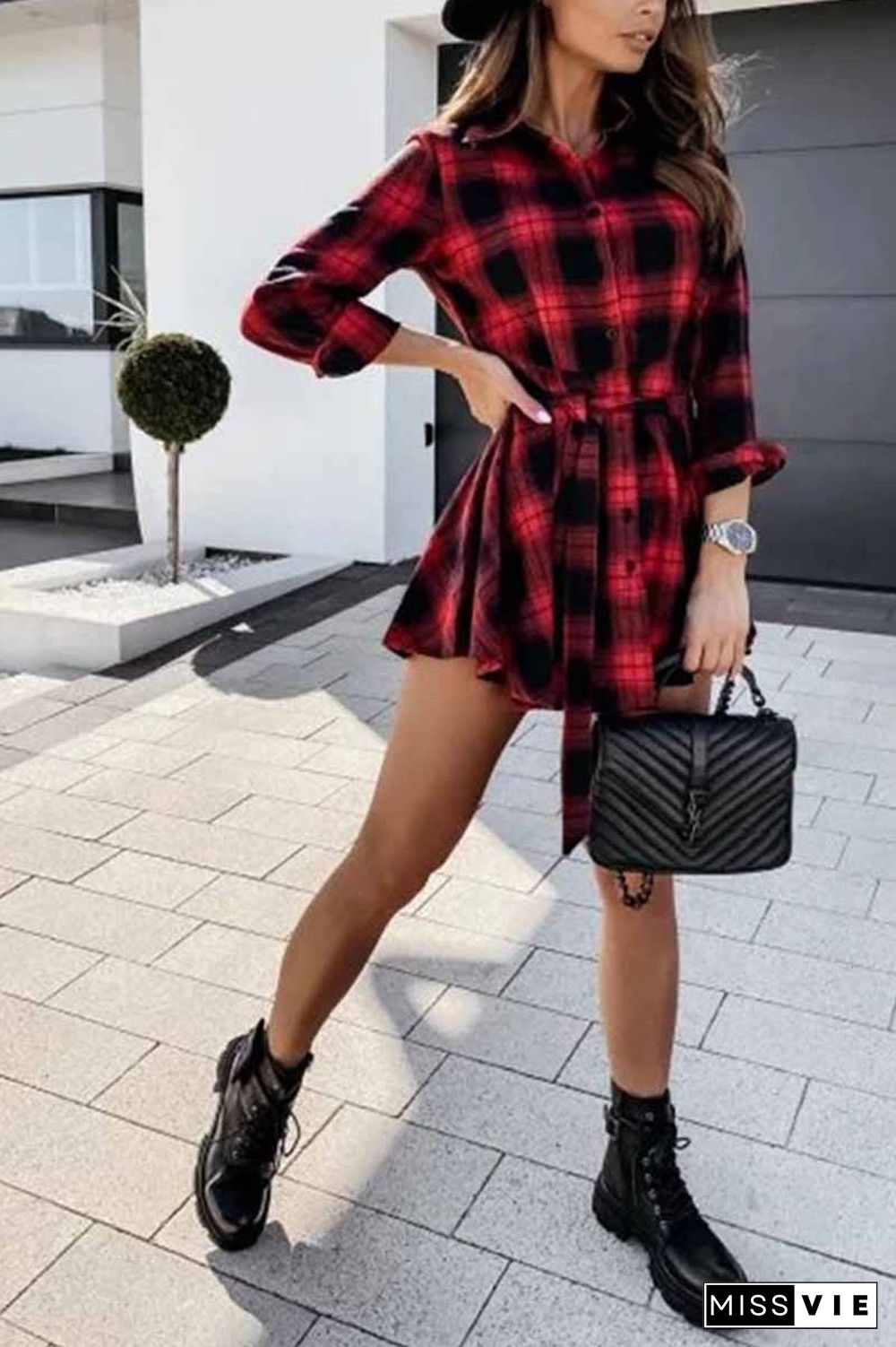 Long Sleeve Plaid Shirt Mini Dress