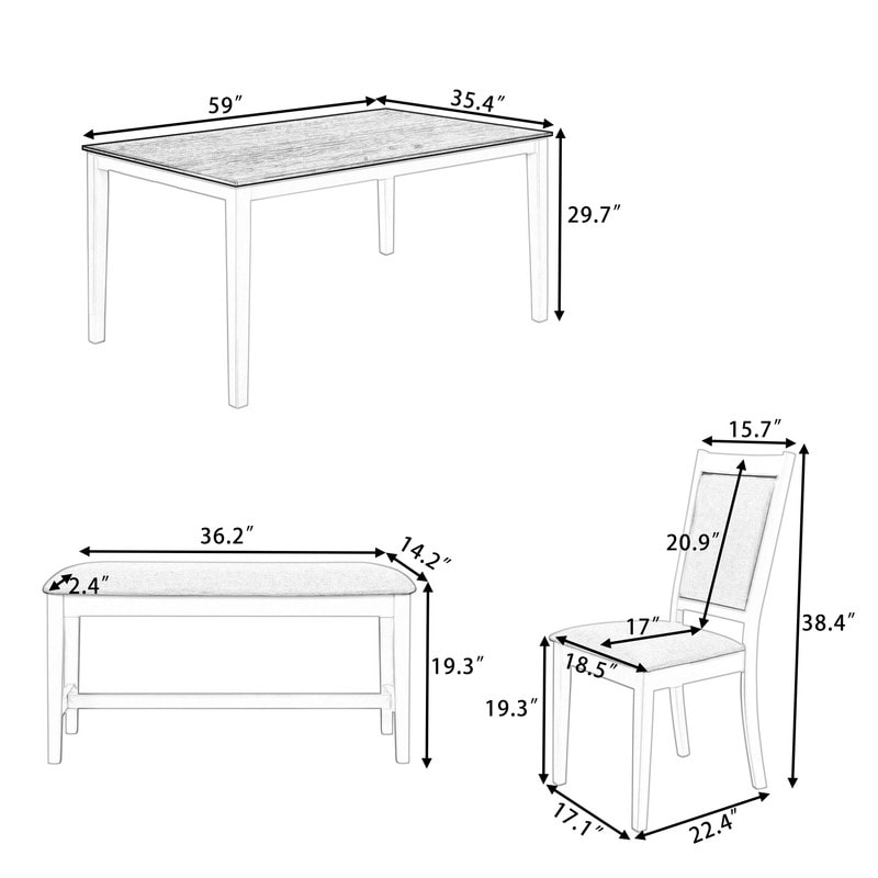 Rustic Solid Wood Dining Table Set Kitchen Table Set with Rectangular Table  4 Upholstered Chairs and Bench