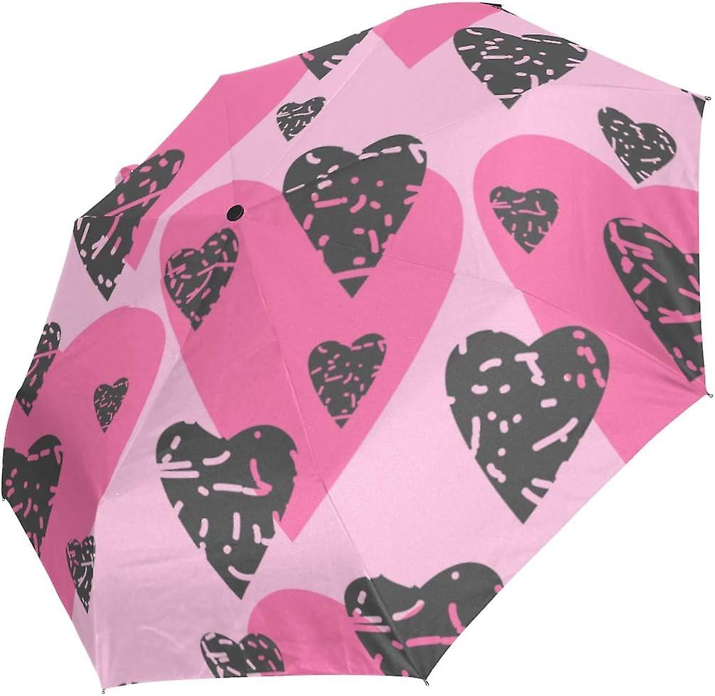 Travel Umbrella Automatic Windproof Foldable Umbrella Hearts Pink And Gray