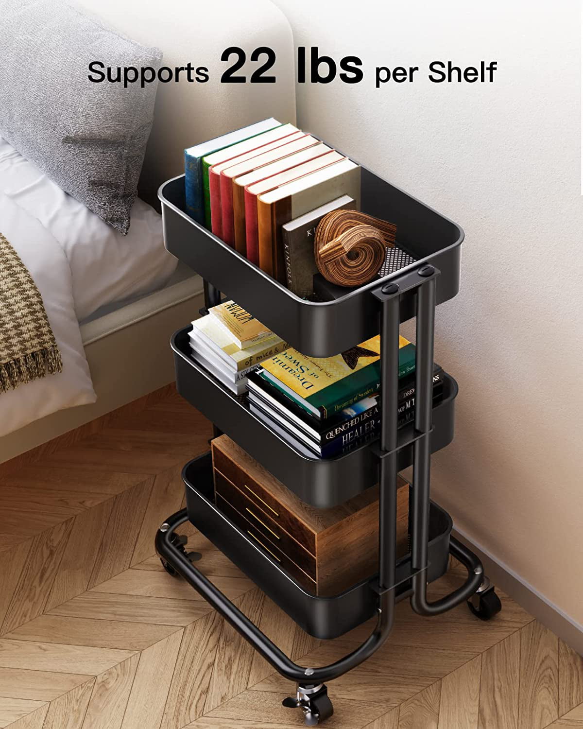 Myfurnideal 3-Tier Rolling Utility Cart Metal Storage Cart with Handle for Kitchen， Dining Room， Living Room， Hold up to 66lbs