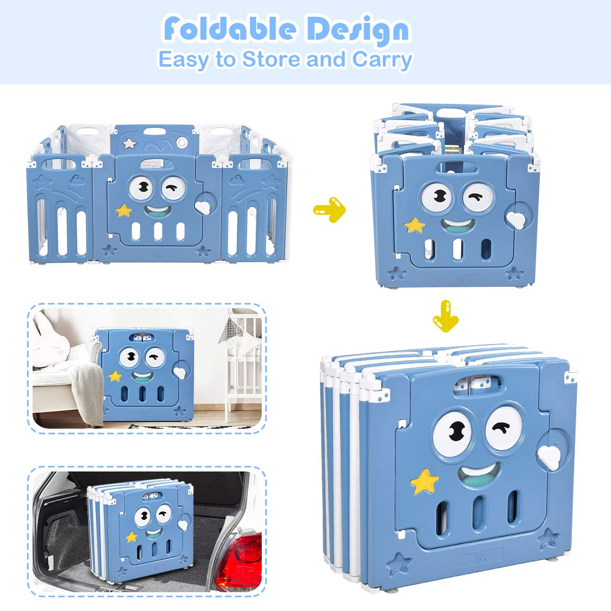 Costzon Foldable Baby Playpen, 14/16-Panel Baby Play Yards with Lock Door & Anti-Slip Rubber Bases