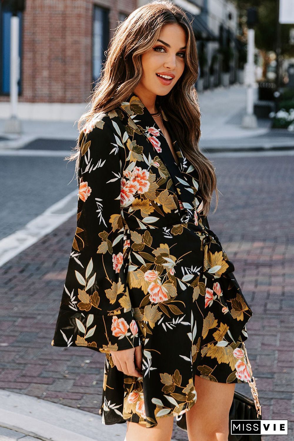 Black Palazzo Floral Ruffle Wrap Dress