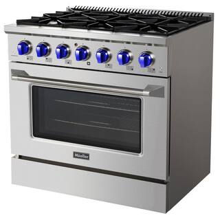 MUELLER 36 in. 5.2 cu. ft. Freestanding Gas Range with 6 Burners and Convection Oven in Stainless Steel with Blue Knobs GR-600B