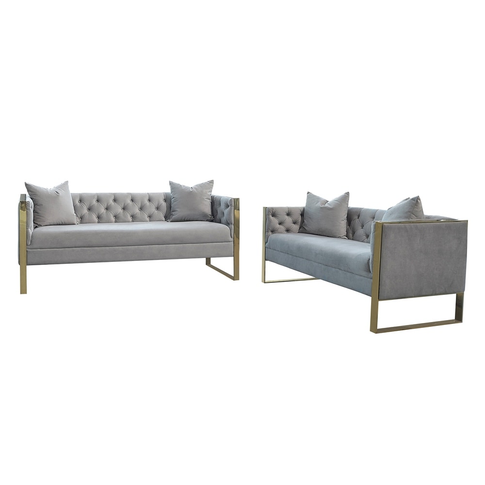 Velvet Sofa Set with Metal Legs in Gold and Grey