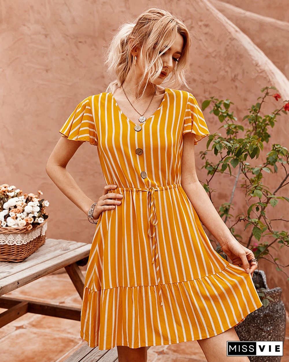 Short Sleeve Striped Short Dress