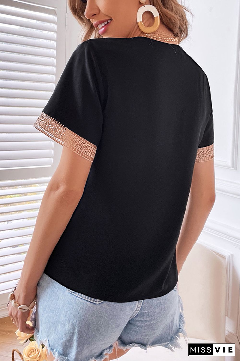 V Neck Lace Splicing Tee Wholesale