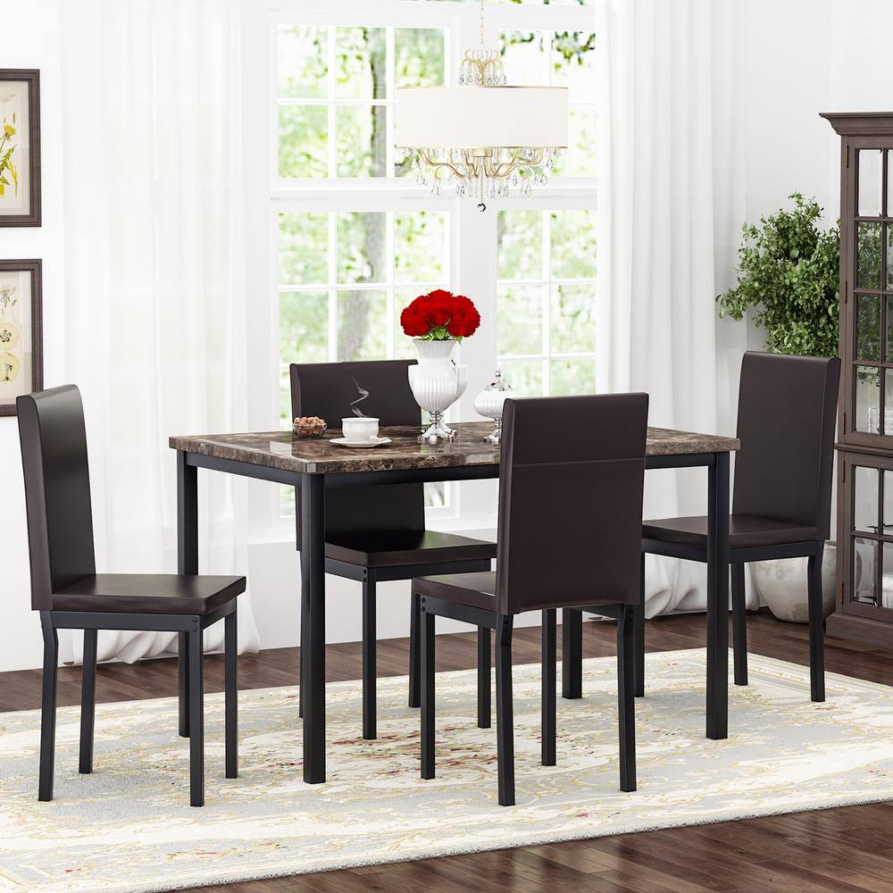 mieres 5-Piece Rectangular Brown Wood Faux Marble Top Dining Table Set with 4 Upholstered PU Leather Dining Chairs QTW36835415