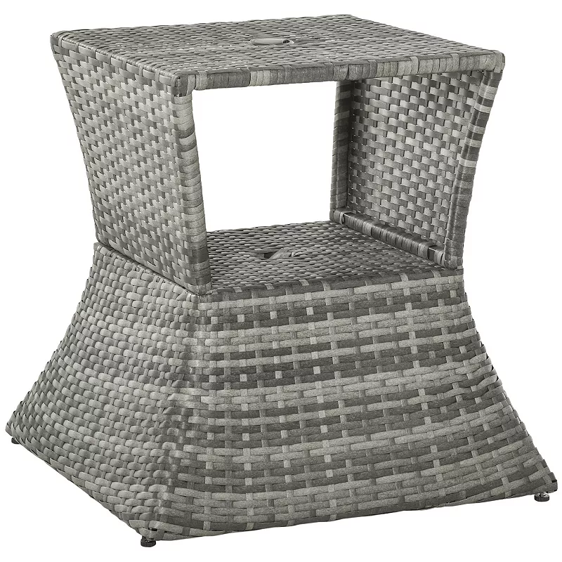 Outsunny Rattan Wicker Side Table with Umbrella Hole 2 Tier Storage Shelf for All Weather for Outdoor Patio Garden Backyard Mixed Grey