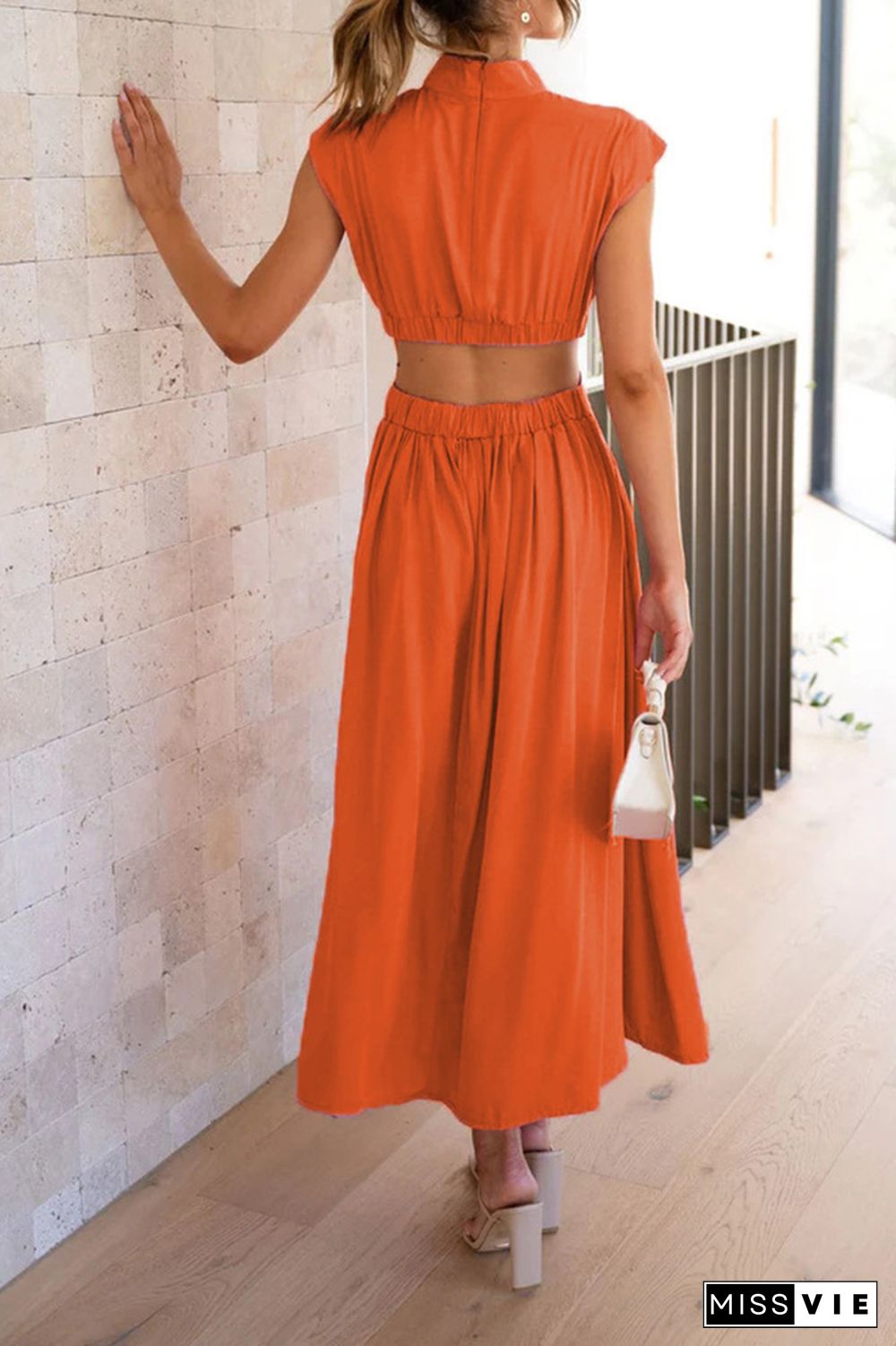 Plain Frilled High Collar Cut Out Waist Maxi Dress