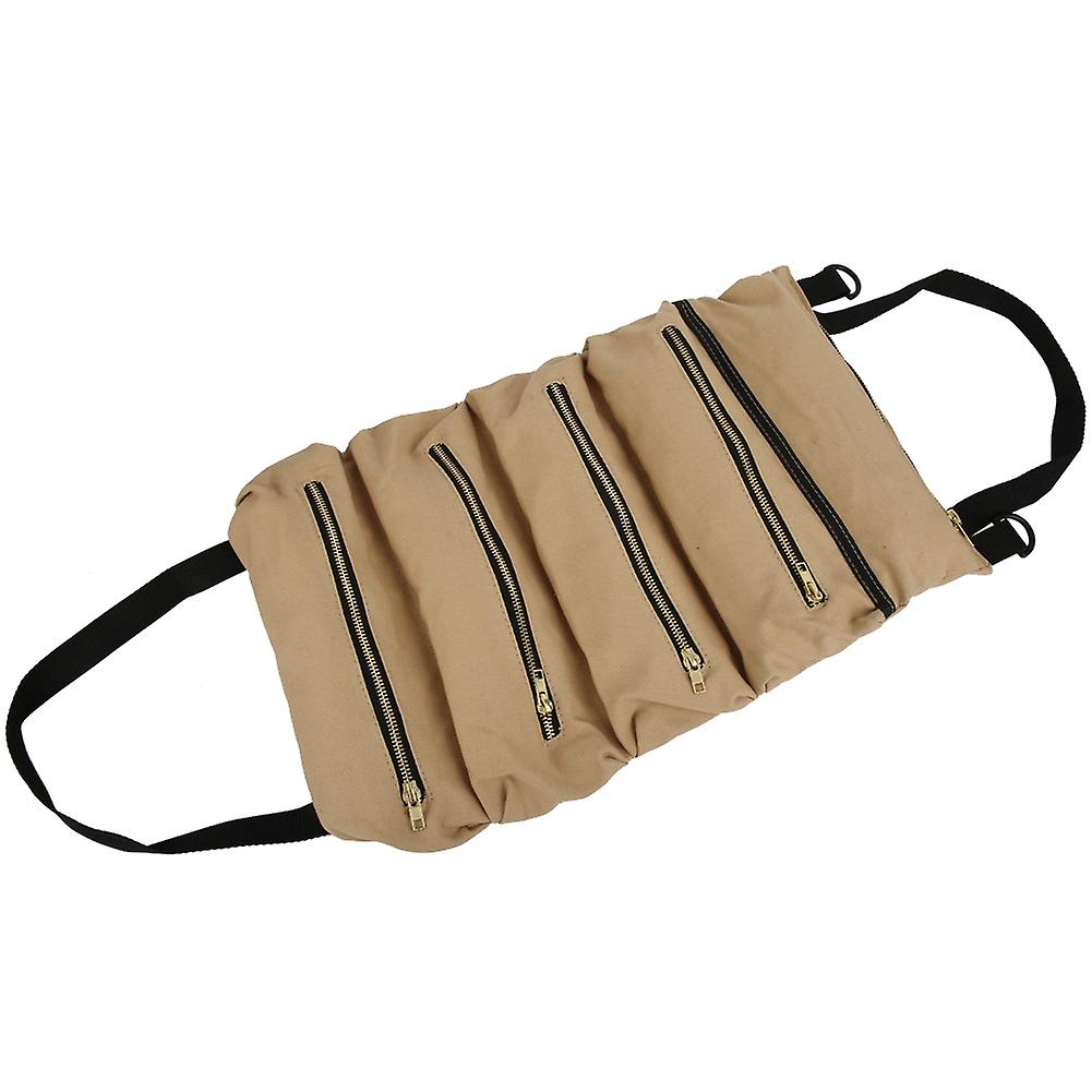 Multifunction Portable Canvas Tool Roll Up Bag Outdoor Fishing Garden Storage Pouchkhaki