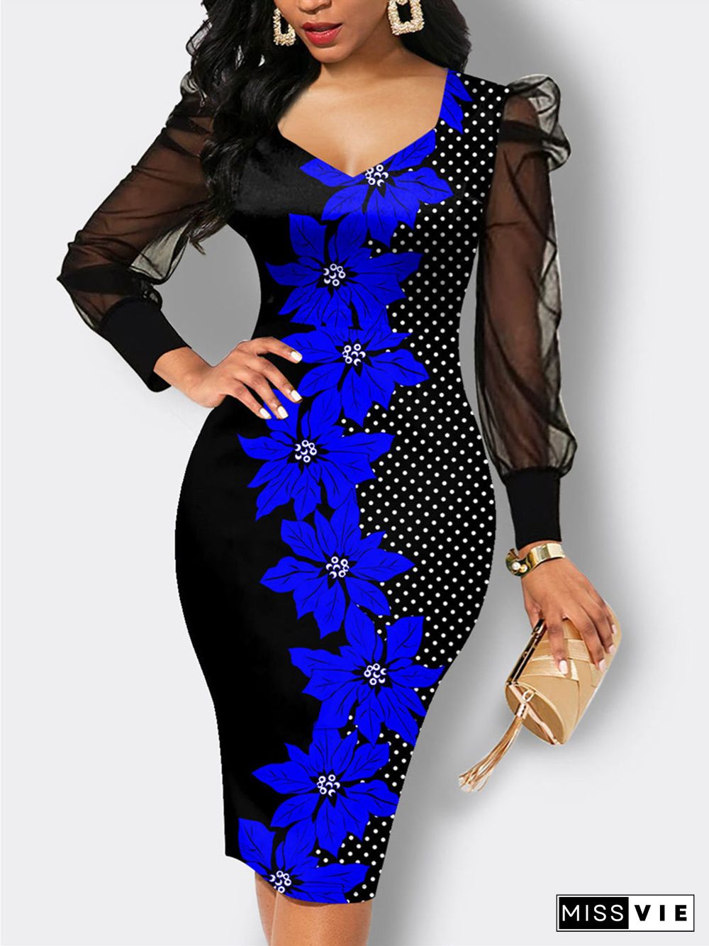 Women's Long Sleeve Graphic Stitching Midi Dress