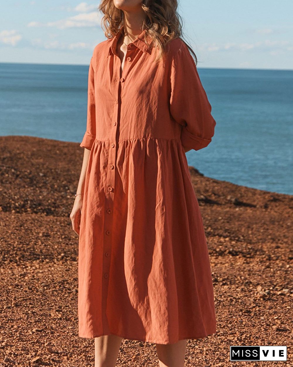 Cotton Orange Long Sleeve Belted Button Dress