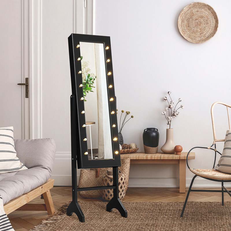 18 LEDs Large Standing Jewelry Armoire Cabinet with Full Length Mirror, 16 Lipstick Holder, 1 Inside Makeup Mirror