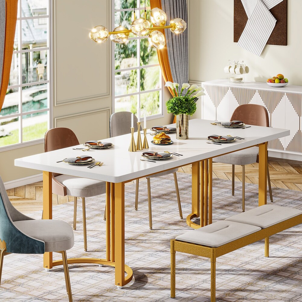 Modern Dining Table for 6 to 8  71 Inch White Kitchen Table with Gold Base  Rectangular Dinner Table for Dining Room