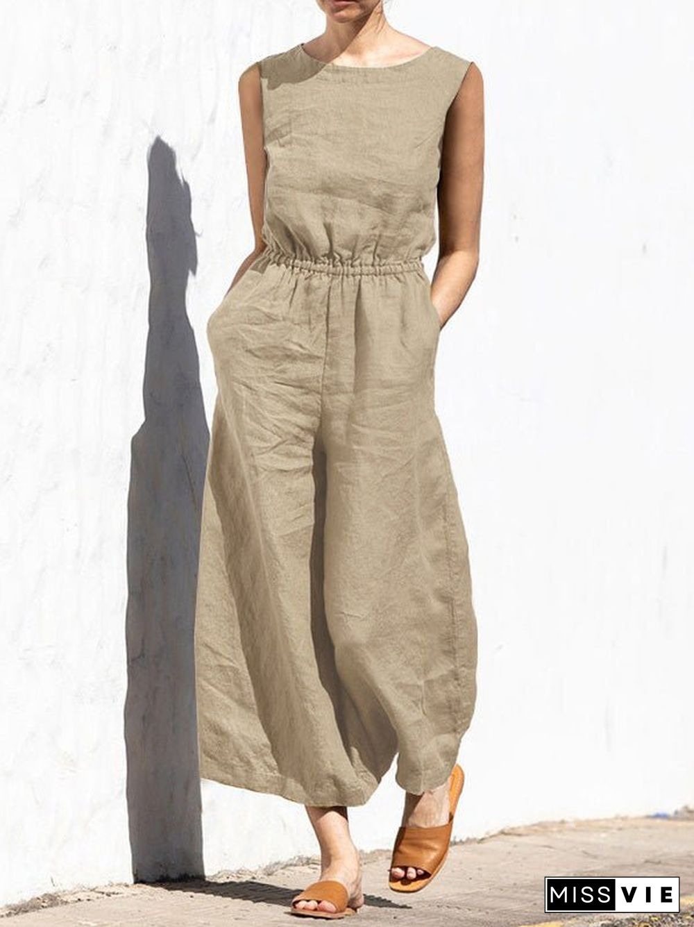 Women'S Jumpsuits Solid Elastic Waist Pocket Sleeveless Jumpsuit