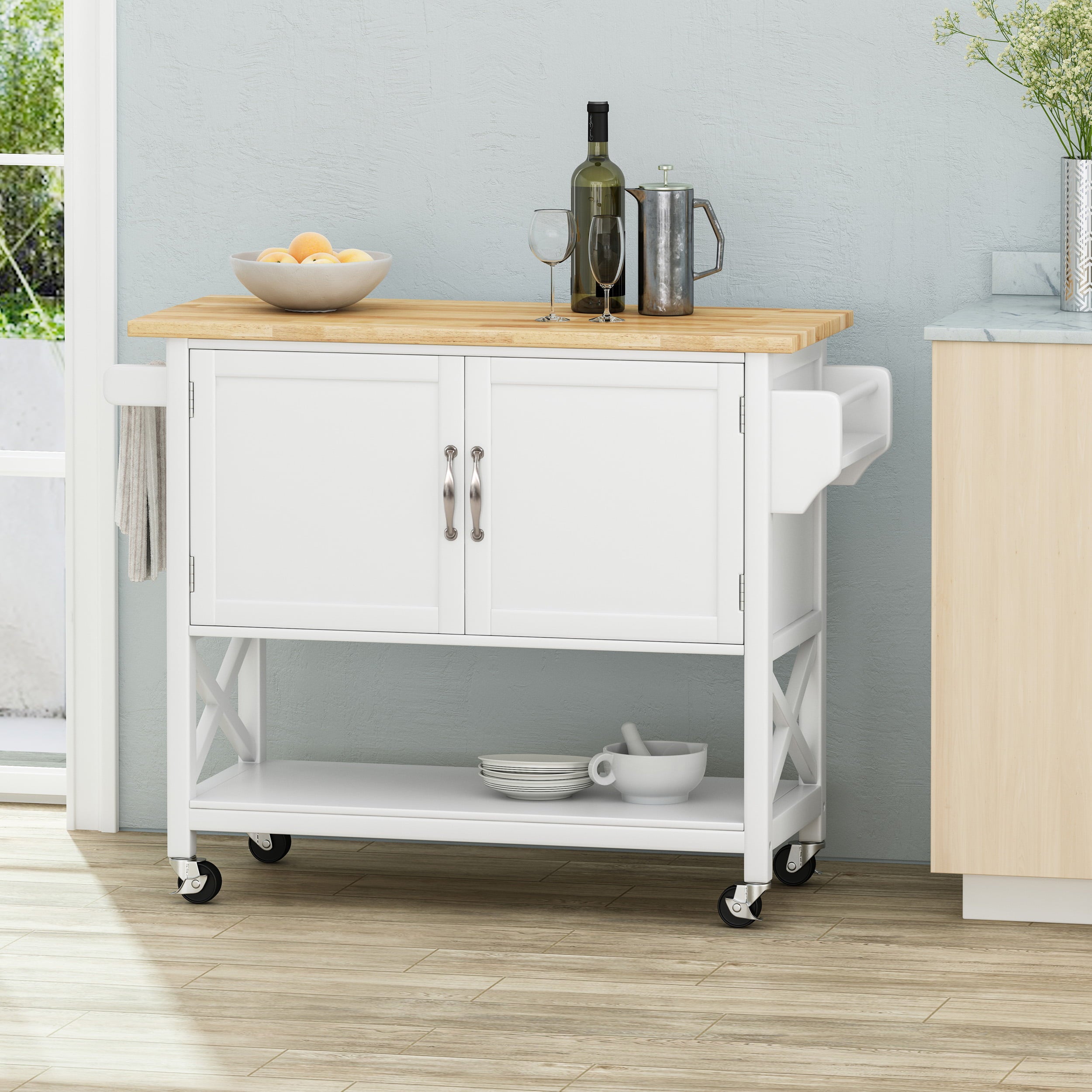 Noble House Finzer Wood Kitchen Cart， White， Natural