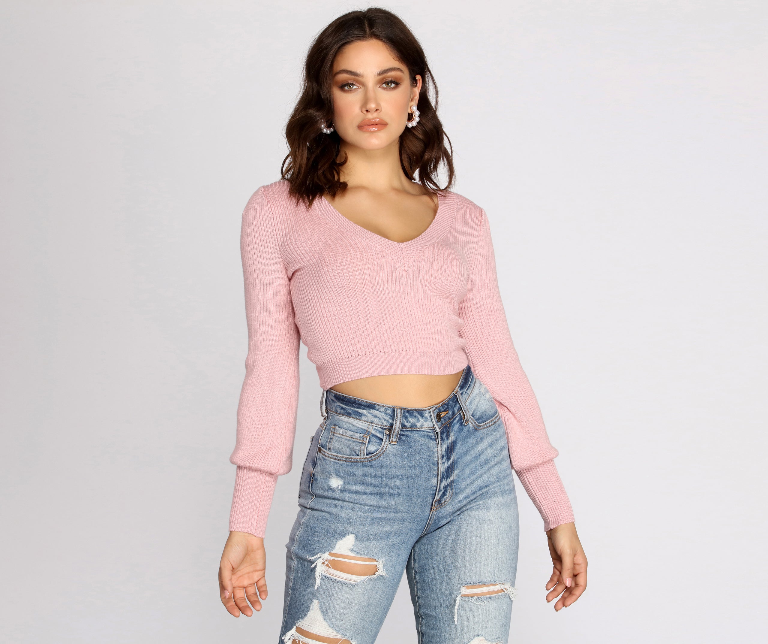 Balloon Sleeve Ribbed Crop Top