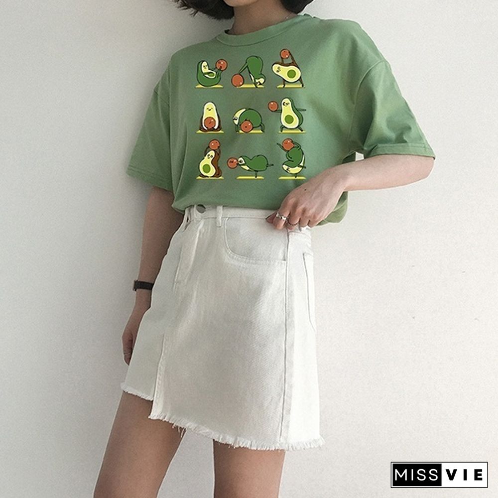 Kawaii Cartoon Avocado Short Sleeve T-shirt Women Casual Avocado Graphic Tops Female Tee Summer Women T-shirts Tops