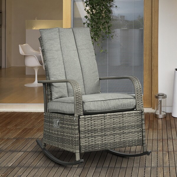 Outsunny Outdoor Wicker Rattan Recliner Rocking Cushioned Chair with Footrest and 135 Degrees of Comfort