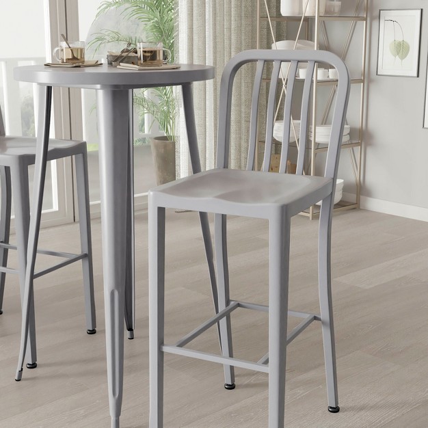 Round Table And Slatted Back Bar Stools With Footrests