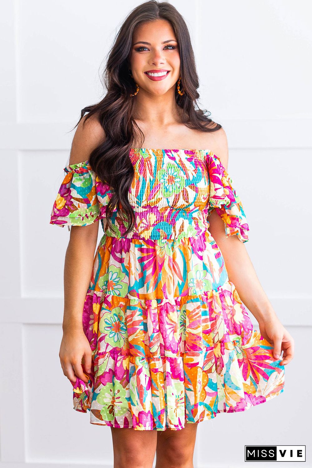 Multicolor Boho Off-shoulder Smocked Tiered Floral Dress