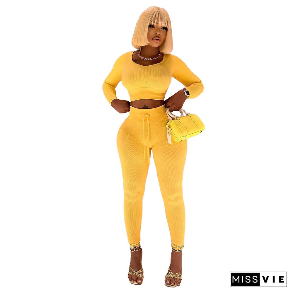 Yellow Knitted Crop Top 2 Piece Jogging Pants Sets