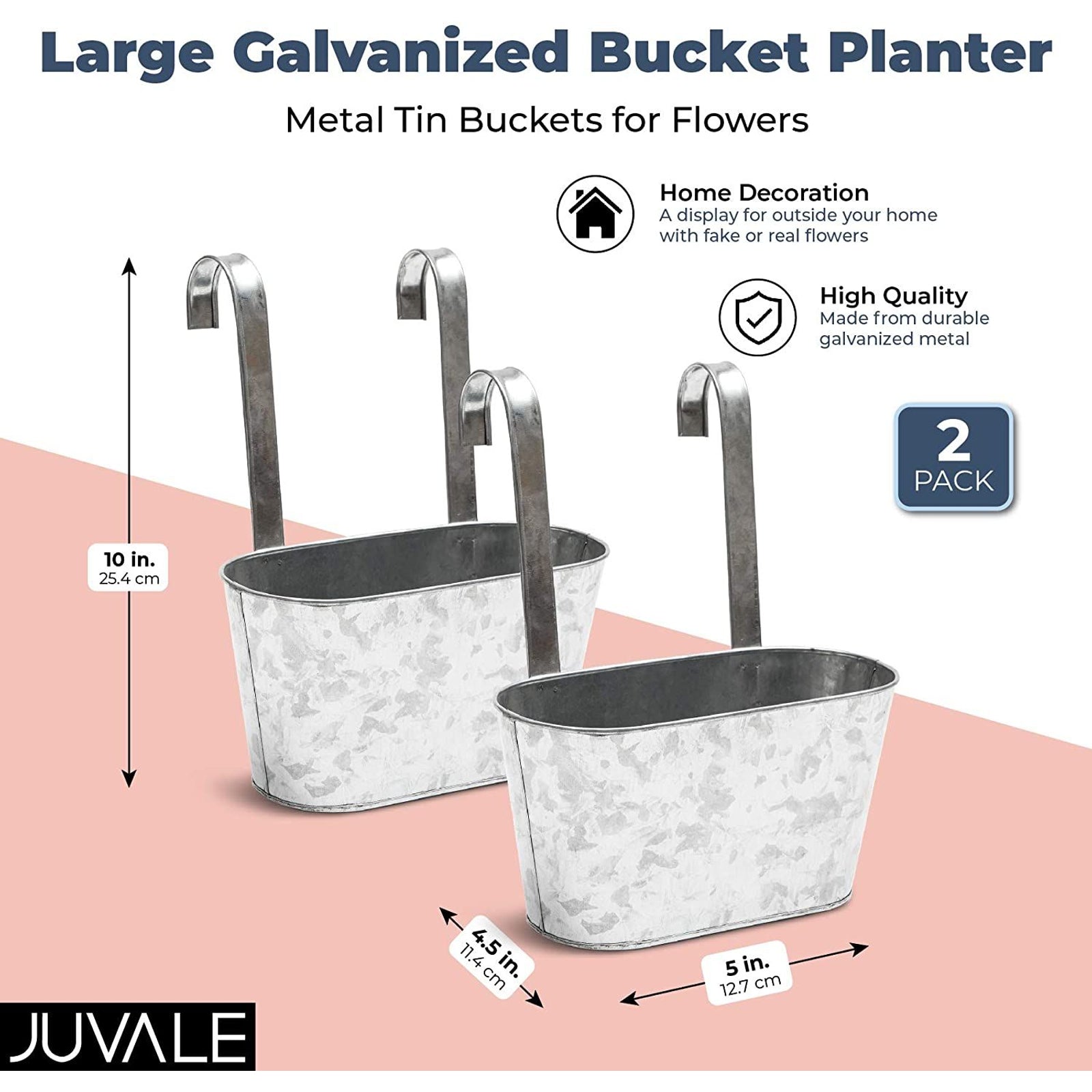 2 Pack Large Galvanized Metal Hanging Bucket Planter Flower Pots for Railing, Fence, Balcony, Wall Decor, and Garden, Indoors and Outdoors, 5 x 4.5 x 10 in