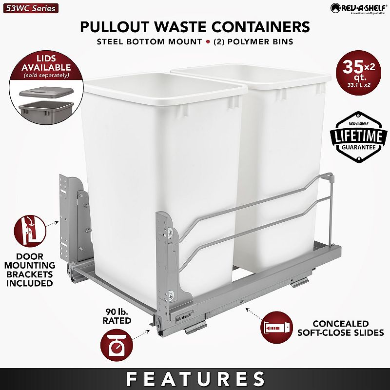 Rev-A-Shelf Double Pull Out Trash Can 27 Qt with Soft-Close， 53WC-1527SCDM-212