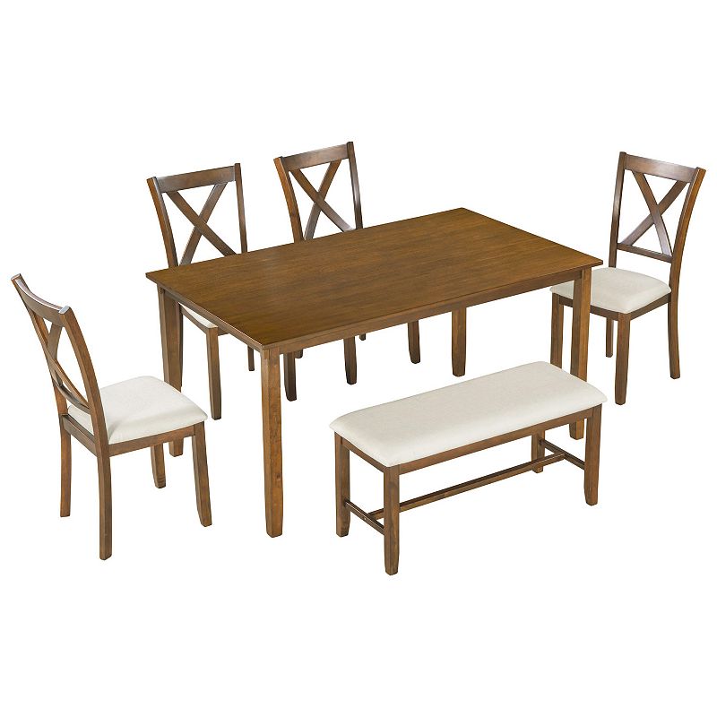 Merax 6-Piece Kitchen Dining Table Set Wooden Rectangular Dining Table， 4 Fabric Chairs and Bench Family Furniture