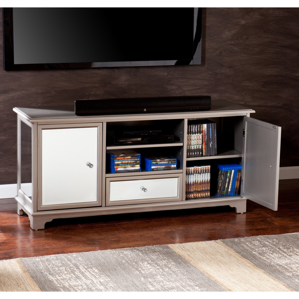 Contemporary TV Stand  Beveled Mirror Accents With Crystal Knobs  Silver Finish   Transitional   Entertainment Centers And Tv Stands   by Declusia  Houzz