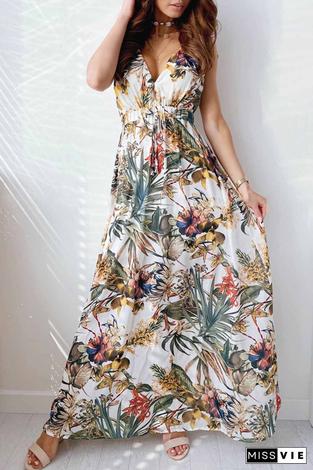 Casual Print Split Joint V Neck Waist Skirt Dresses