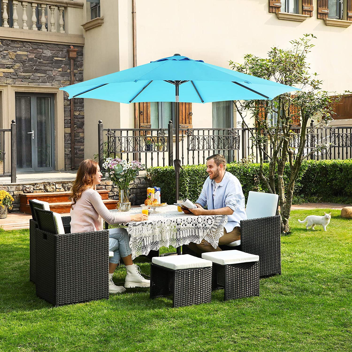 SONGMICS Patio Umbrella, 7.5 ft Outdoor Table Umbrella, 8 Ribs, Lake Blue