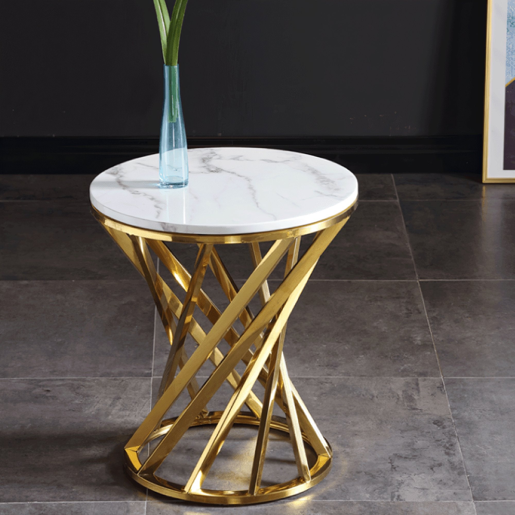 Light Luxury Stainless Steel Slate Top Round Side Table