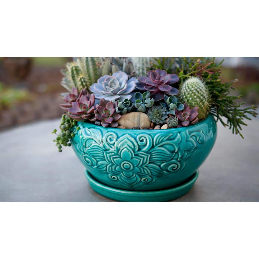 Trendspot 10 in. Teal Florelle Ceramic Bowl Planter CR00466-10C