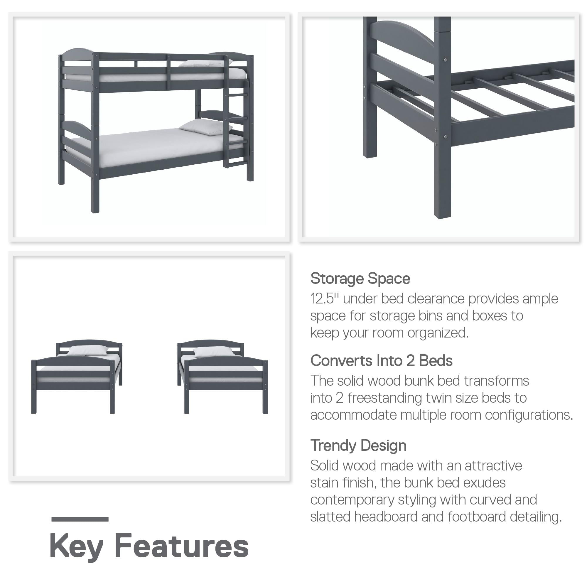 Better Homes & Gardens Leighton Solid Wood Twin-over-Twin Convertible Bunk Bed, Gray