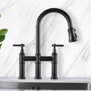 YASINU Double Handle Bridge Kitchen Faucet with Pull-Down Sprayhead in Matte Black YNBA707-MB