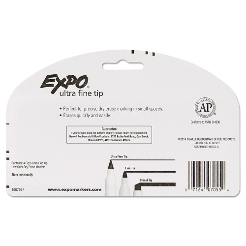 EXPO Low-Odor Dry-Erase Marker， Extra-Fine Needle Tip， Black， 4/Pack (1871774)