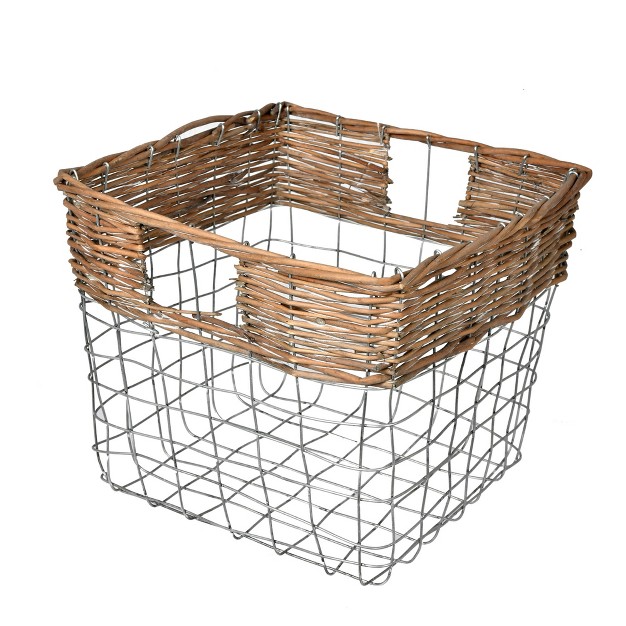 Square Wire Basket With Woven Bamboo This Basket Features A Wire Structure With The Top Section Wrapped In Bamboo The Chunky Spacing