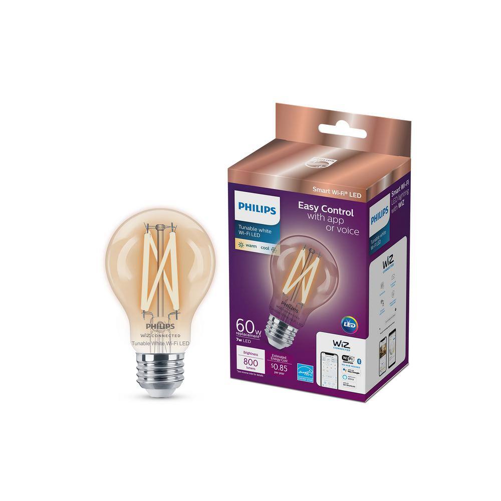 Philips 60-Watt Equivalent A19 Smart Wi-Fi LED Vintage Edison Tuneable White Light Bulb Powered by WiZ with Bluetooth (2-Pack) 567164