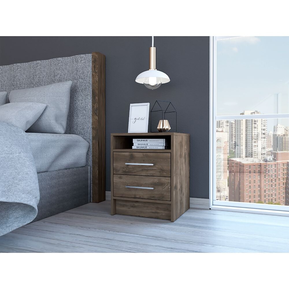 Wooden Nightstand with Two Drawers and Metal Handles