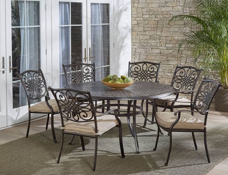 Hanover Traditions Tan 7-Piece Outdoor Dining Set w/ Six Dining Chairs and 60 Cast-Top Table