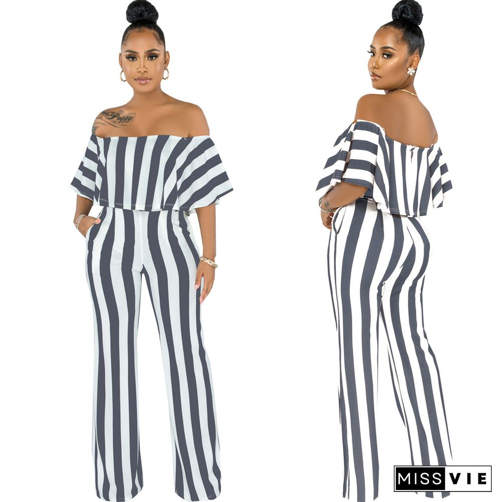 Striped Off Shoulder Wide Leg Jumpsuits