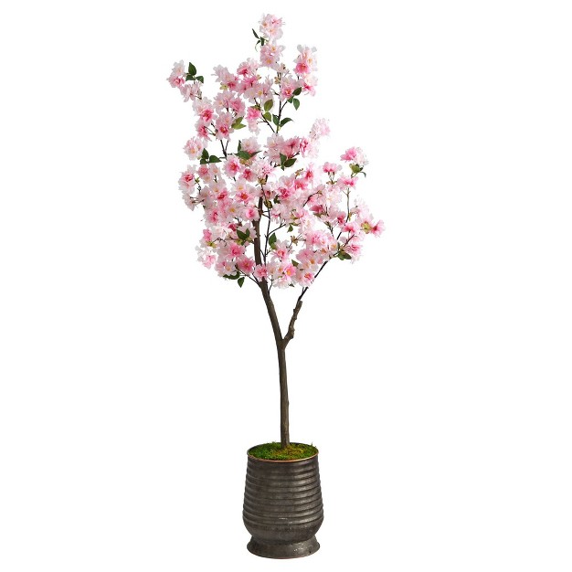 Nearly Natural 5.5-ft Cherry Blossom Artificial Tree In Ribbed Metal Planter