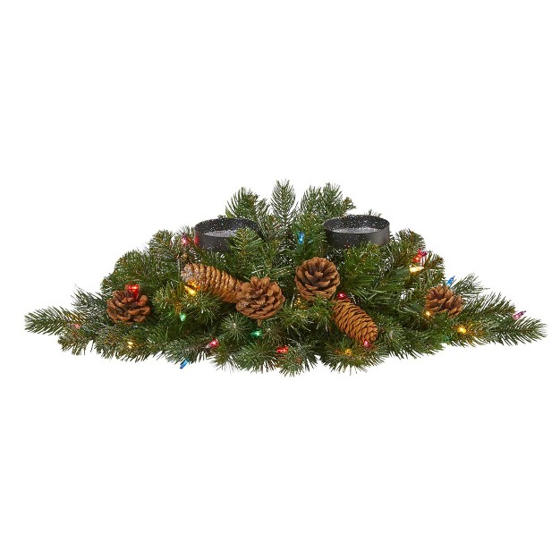 Nearly Natural 24 in Flocked And Glittered Artificial Christmas Double Candelabrum With 35 Multicolored Lights And Pine Cones