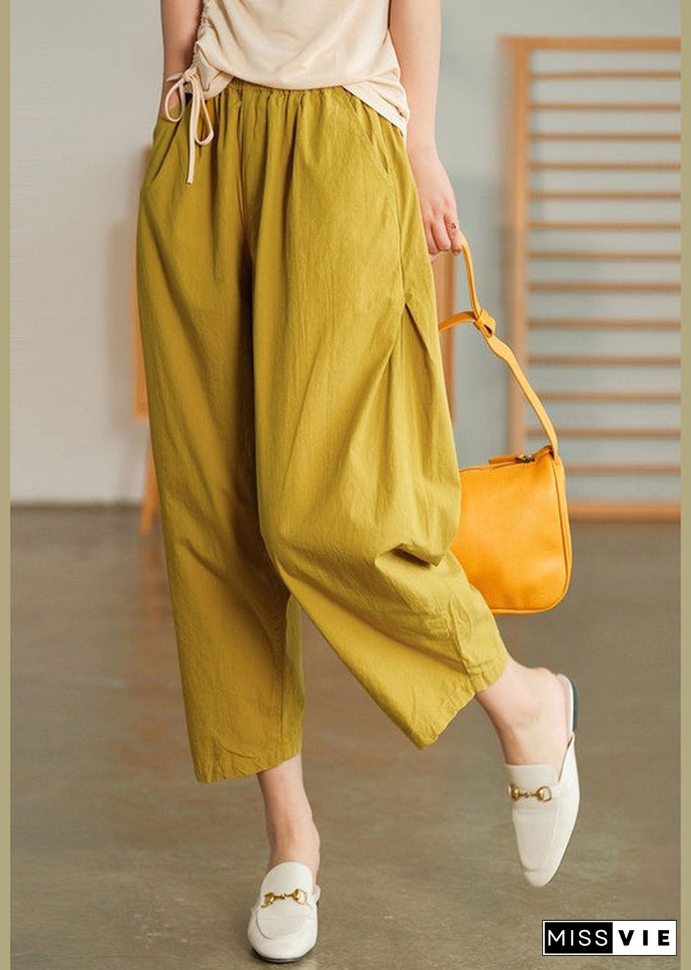 Plus Size Yellow elastic waist Pockets Pants Spring