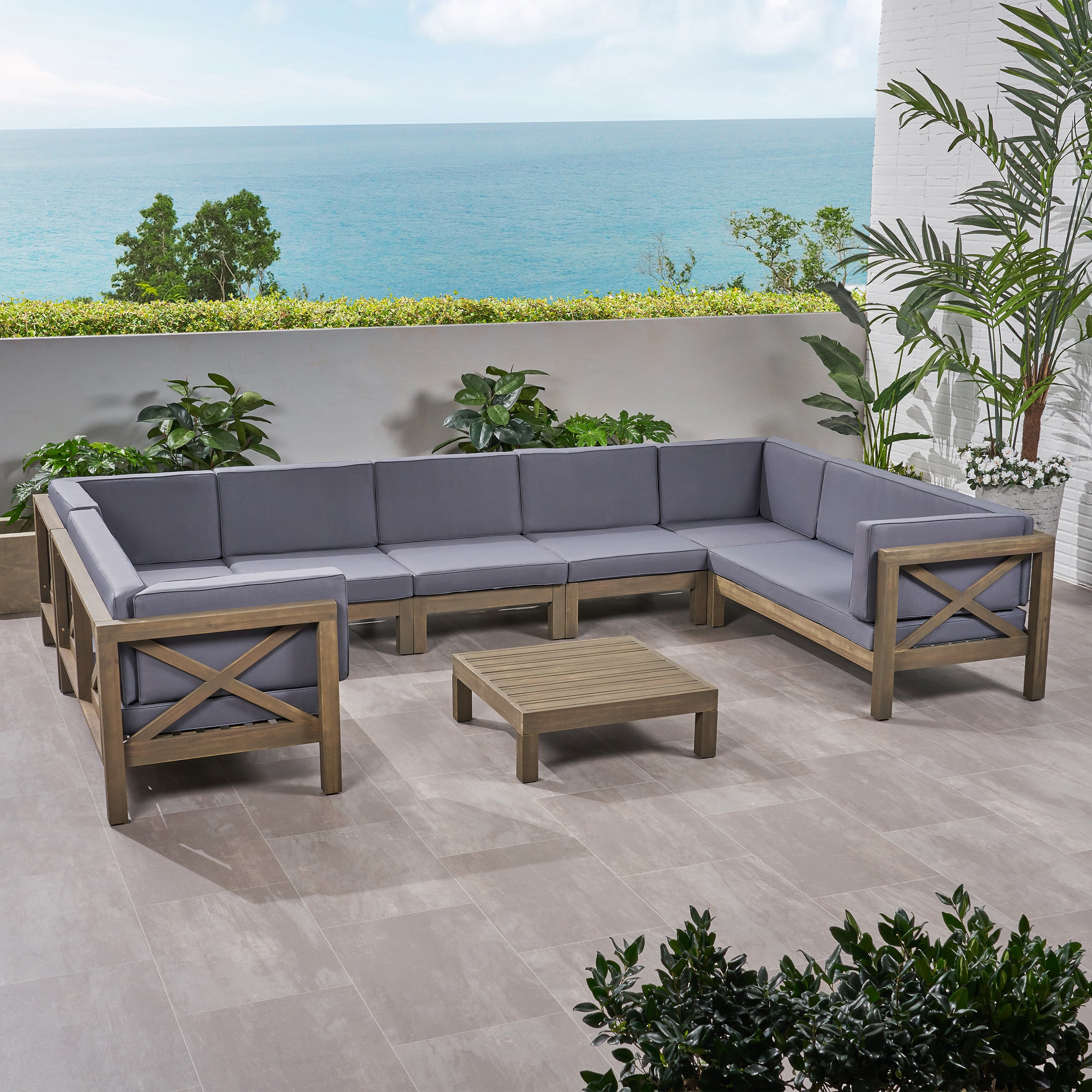 Isabella Outdoor 9 Seater Acacia Wood Sectional Sofa Set