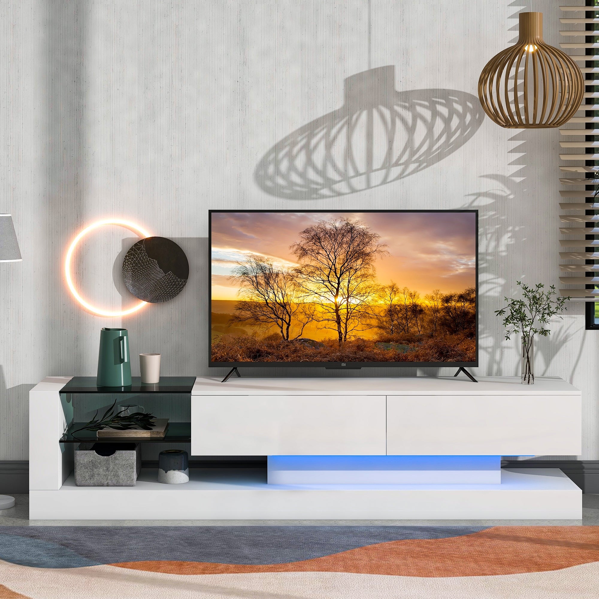 Nestfair Modern Entertainment Center TV Stand with Two Media Storage Cabinets and 16-color RGB LED Color Changing Lights