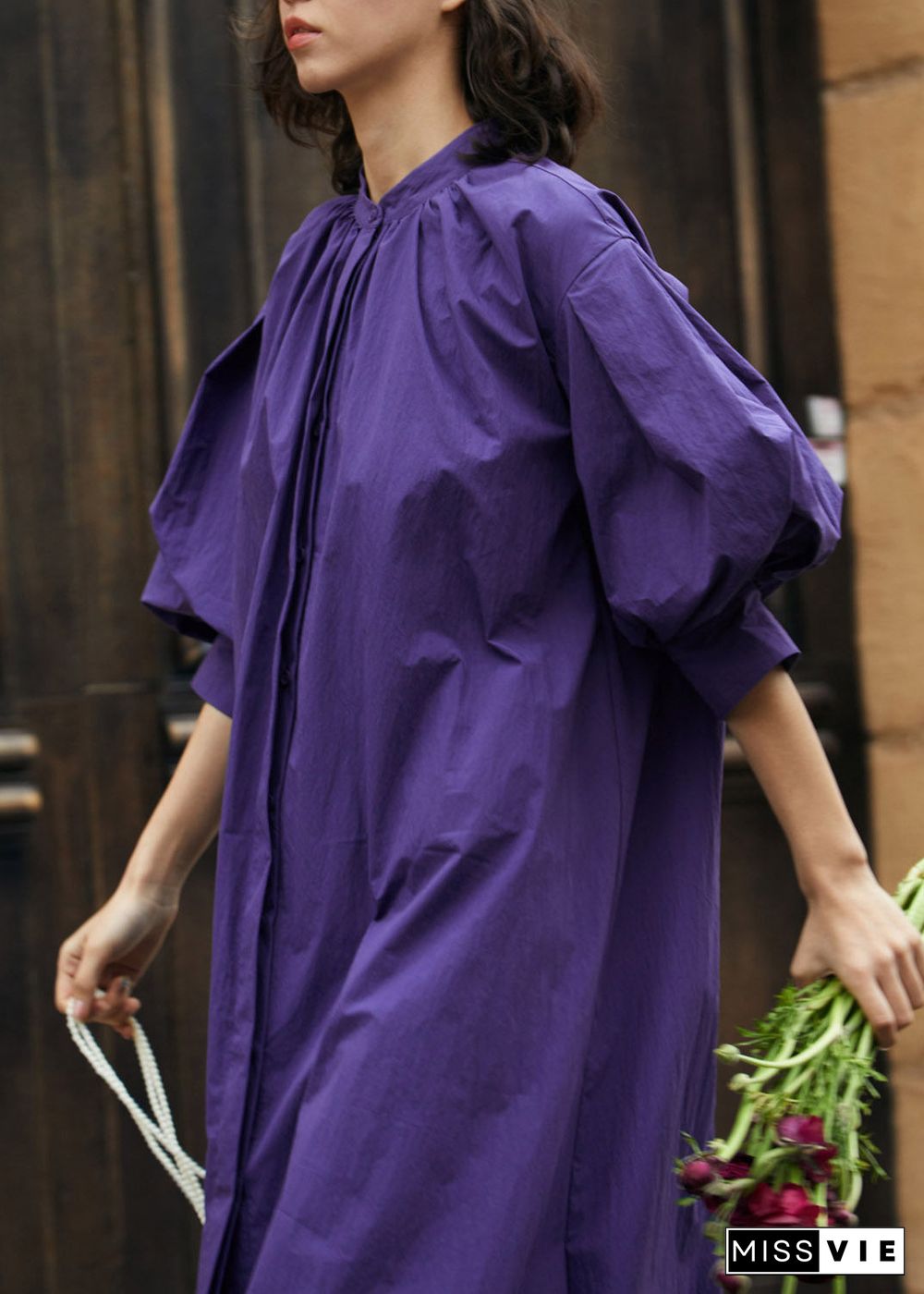 Loose Purple Stand Collar Wrinkled Maxi Dress Lantern Sleeve