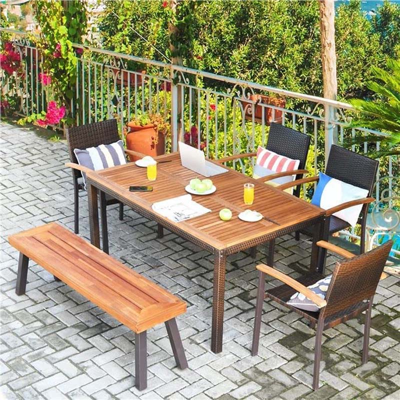 2 Pcs Rustic Acacia Wood Benches with Metal Legs, Indoor & Outdoor Dining Bench Patio Picnic Bench